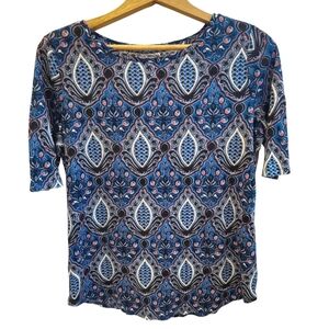 315🌼3 for $15🦋 ANN TAYLOR LOFT Crew Neck Tee Blue Multi Print All Linen Medium